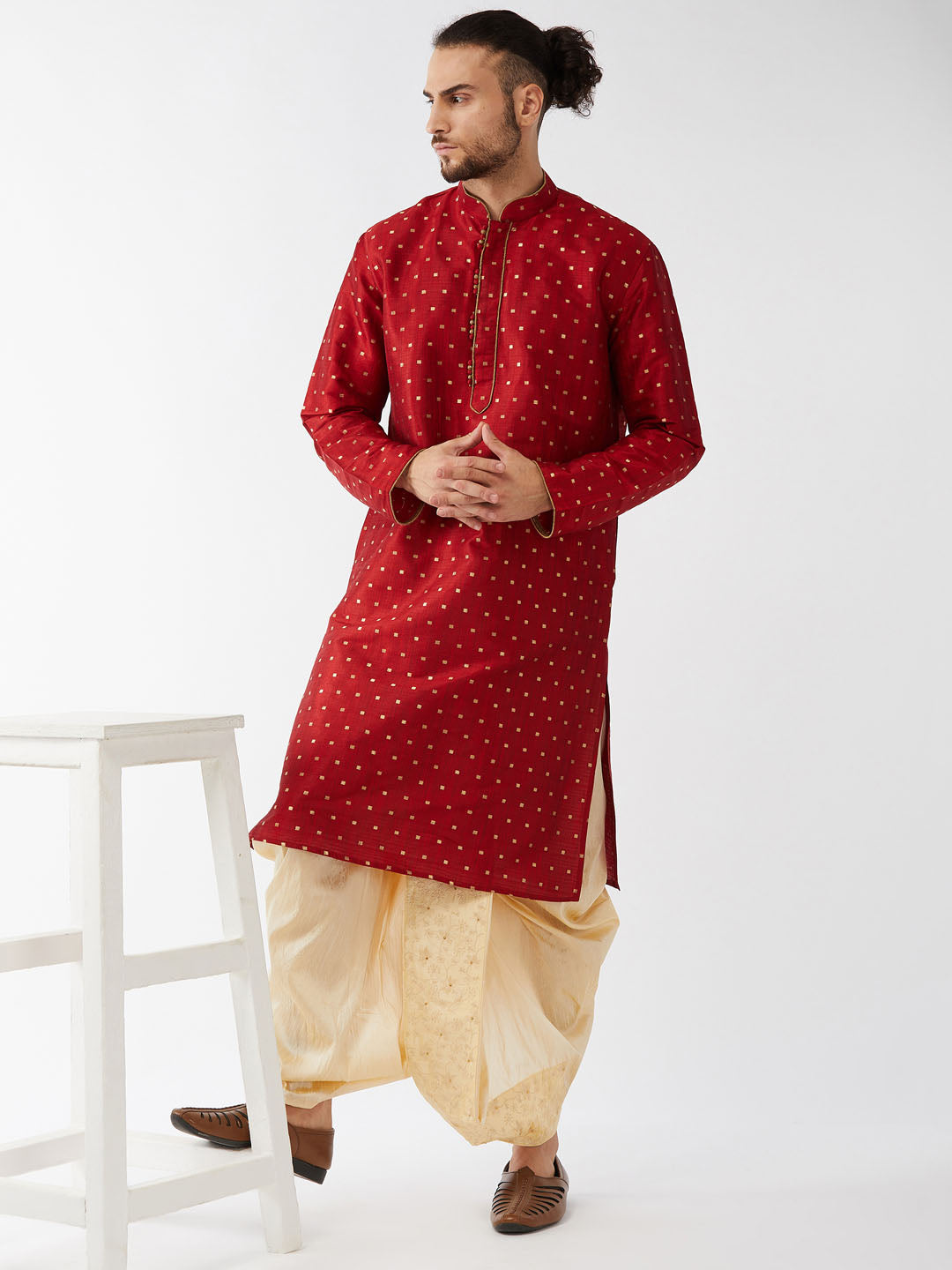 Men's Maroon Zari Weaved Kurta Dhoti Set