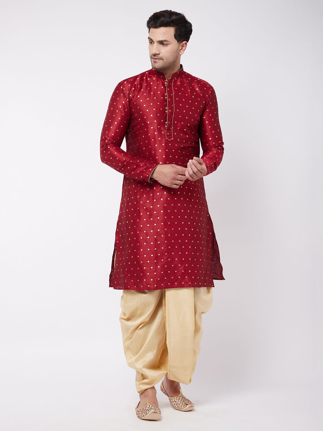 Men's Maroon Zari Weaved Kurta Dhoti Set