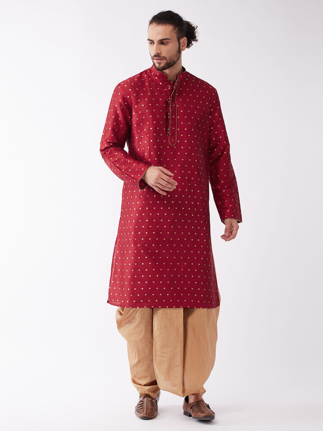 Men's Maroon Zari Weaved Kurta Dhoti Set