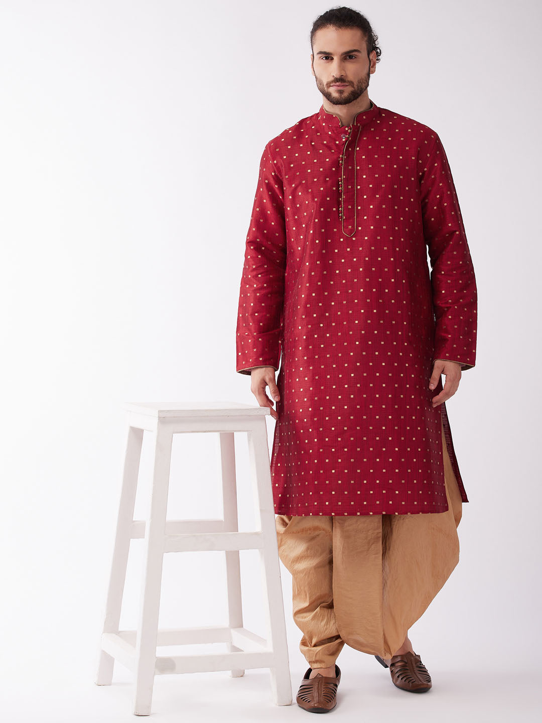 Men's Maroon Zari Weaved Kurta Dhoti Set