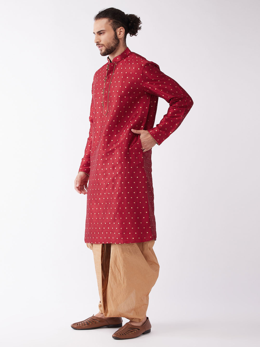 Men's Maroon Zari Weaved Kurta Dhoti Set
