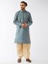Men's Aqua Blue And Gold Silk Blend Kurta And Dhoti Set