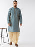 Men's Aqua Blue And Gold Silk Blend Kurta And Dhoti Set