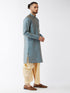 Men's Aqua Blue And Gold Silk Blend Kurta And Dhoti Set