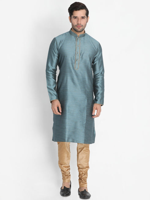 Men's Light Blue Cotton Silk Blend Kurta and Pyjama Set
