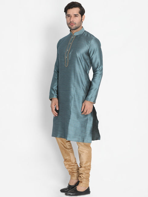 Men's Light Blue Cotton Silk Blend Kurta and Pyjama Set