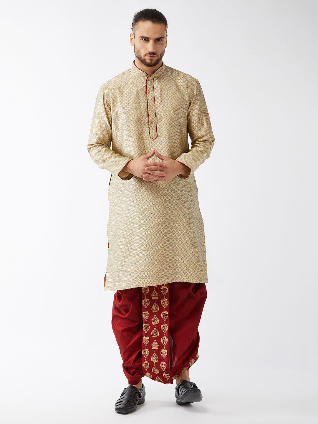 Men's Beige And Maroon Silk Blend Kurta And Dhoti Set