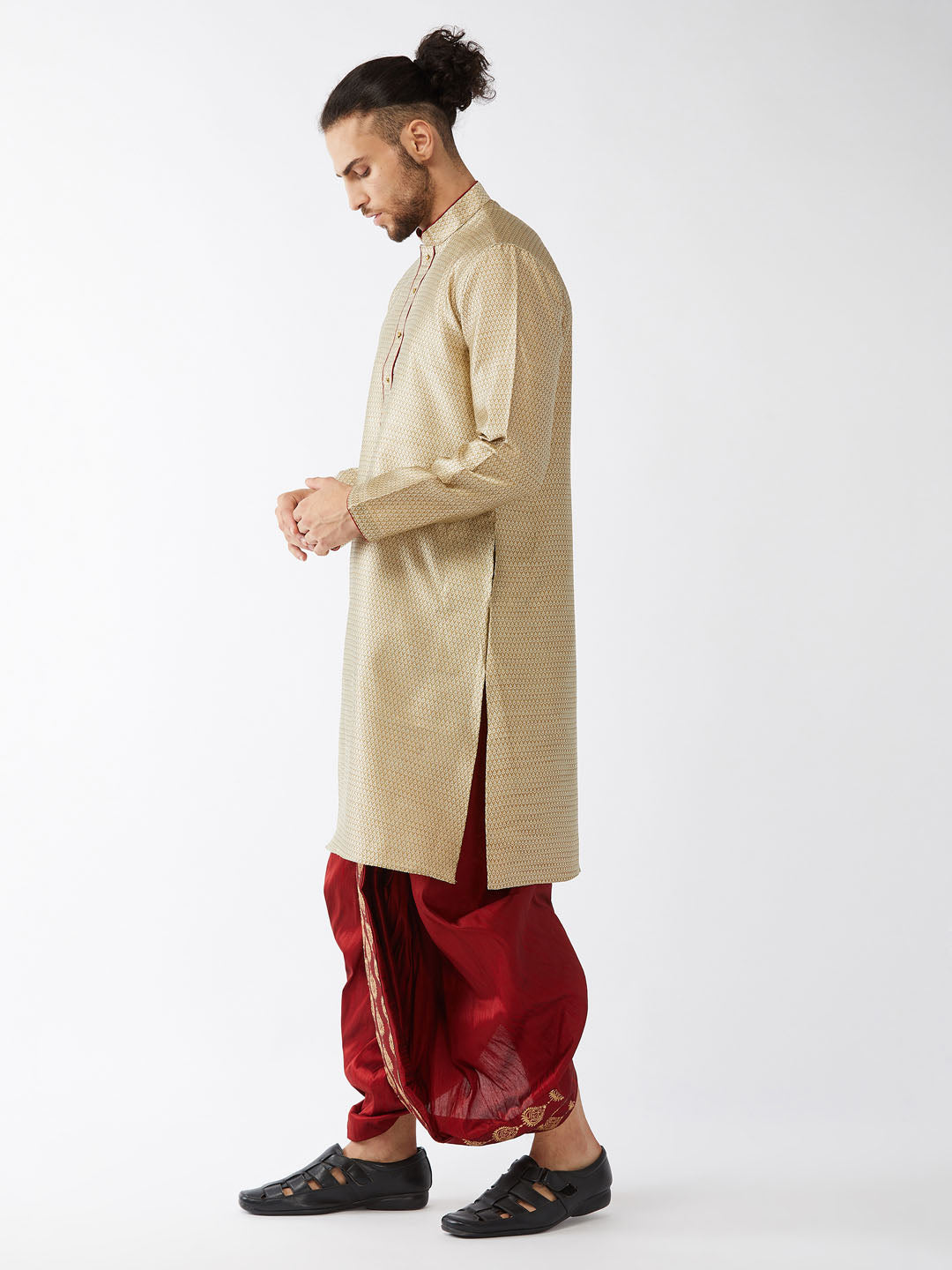Men's Beige And Maroon Silk Blend Kurta And Dhoti Set