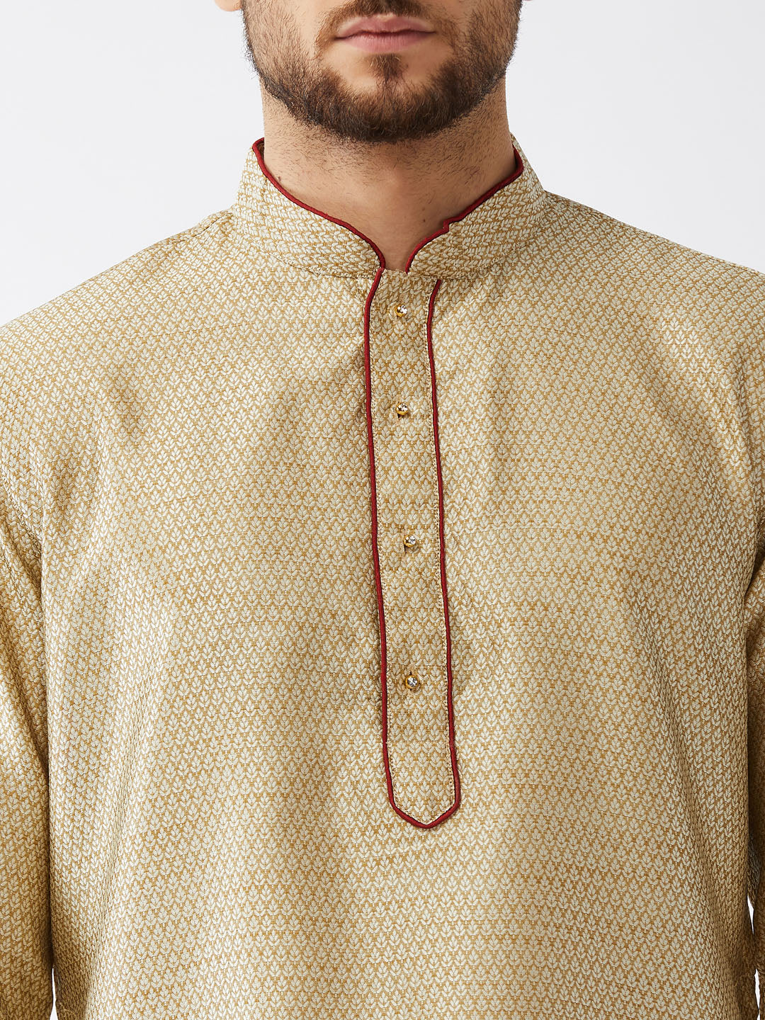 Men's Beige And Maroon Silk Blend Kurta And Dhoti Set