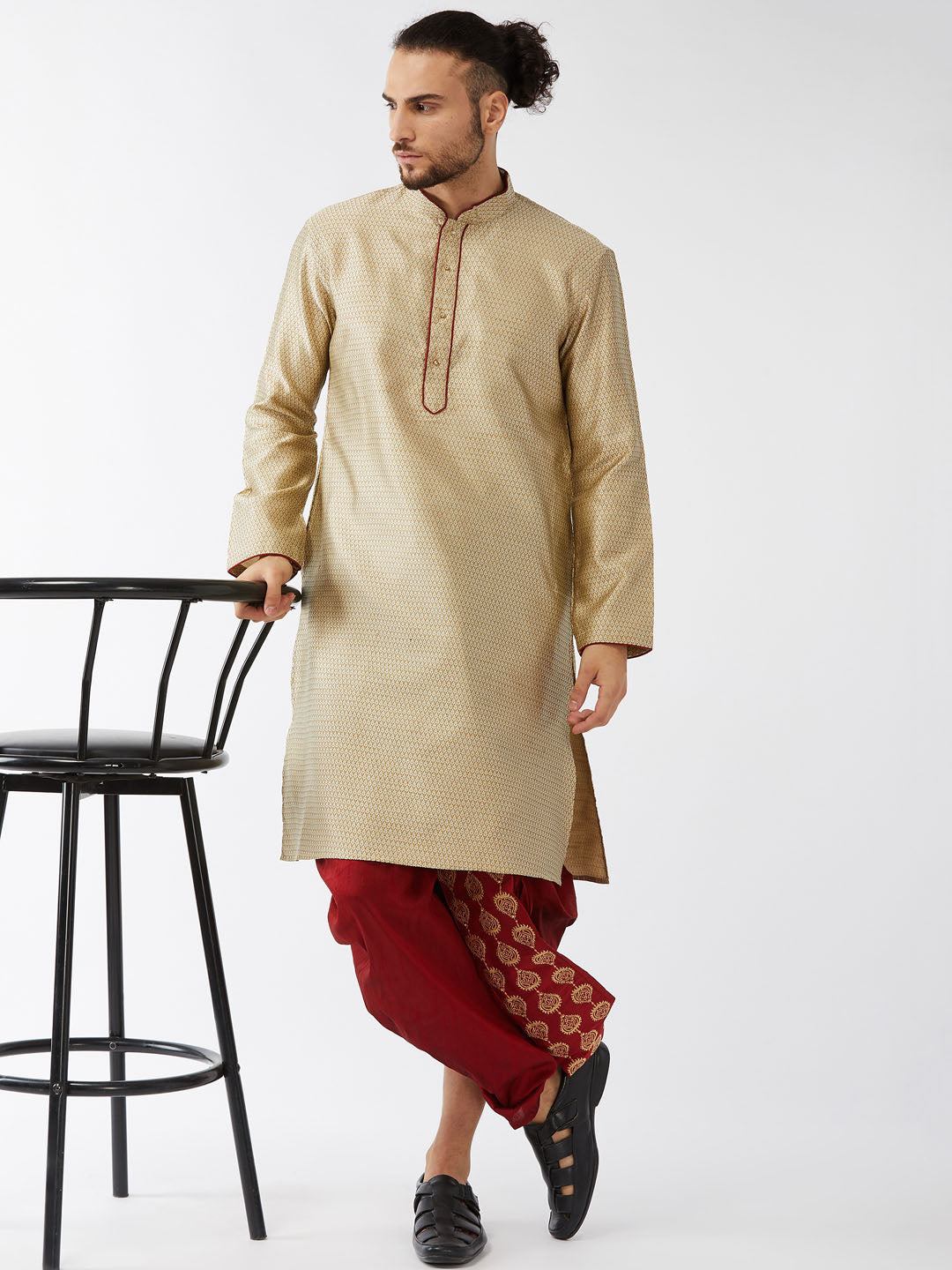 Men's Beige And Maroon Silk Blend Kurta And Dhoti Set