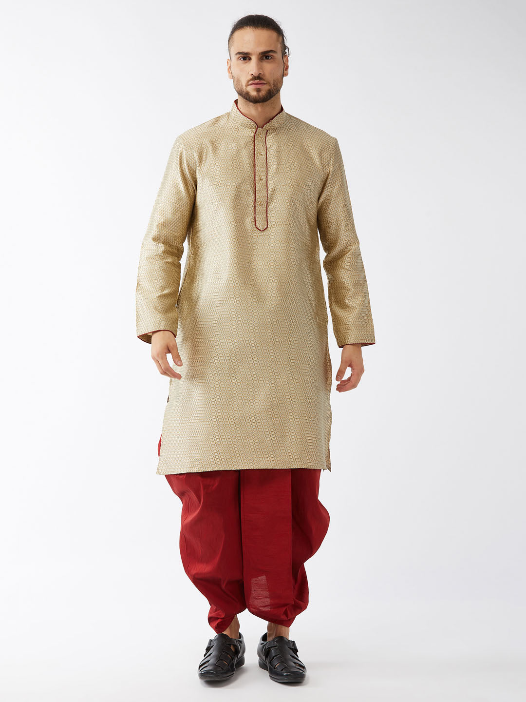 Men's Beige And Maroon Silk Blend Kurta And Dhoti Set