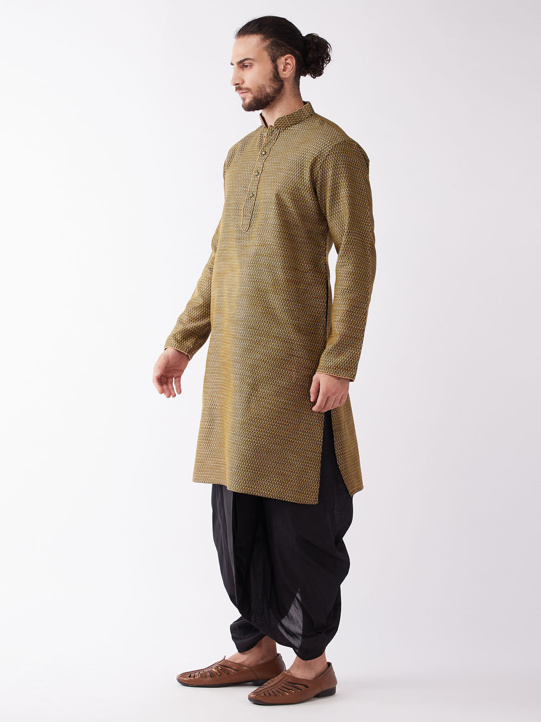 Men's Black And Gold Silk Blend Kurta And Dhoti Set