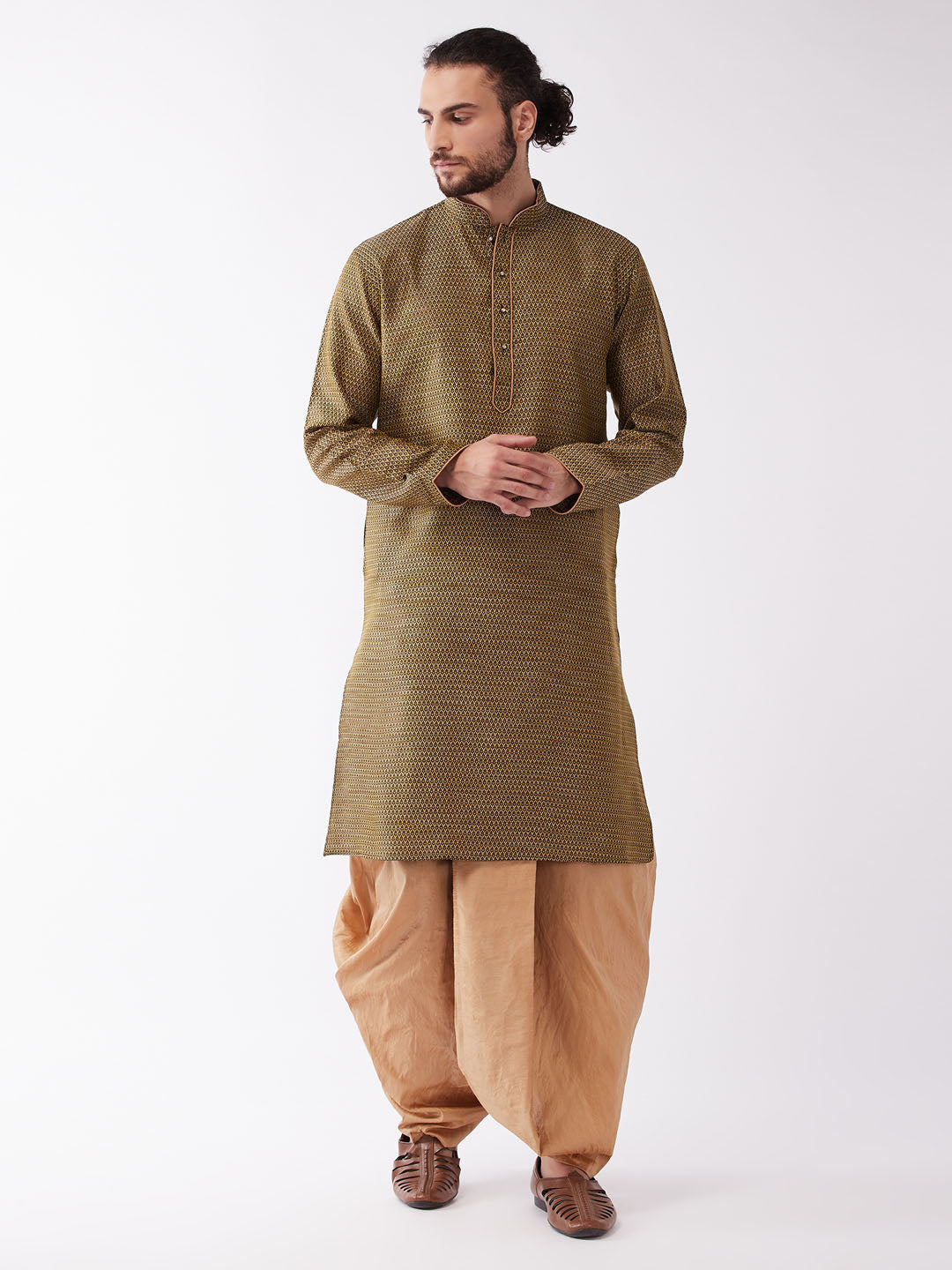 Men's Black And Rose Gold Silk Blend Kurta And Dhoti Set