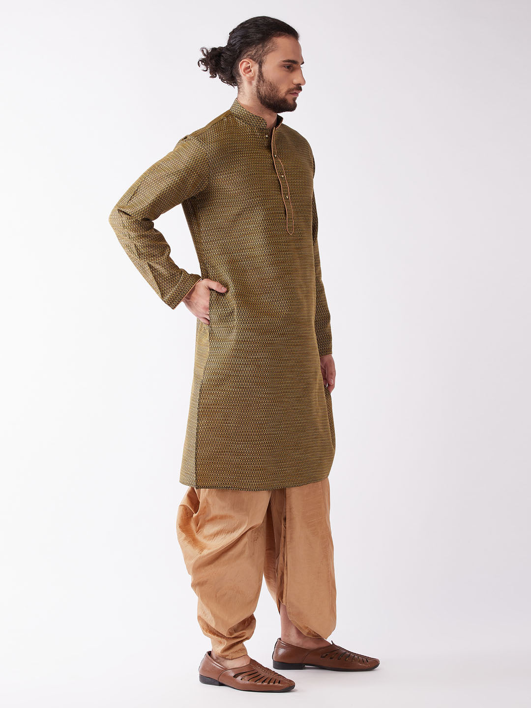 Men's Black And Rose Gold Silk Blend Kurta And Dhoti Set