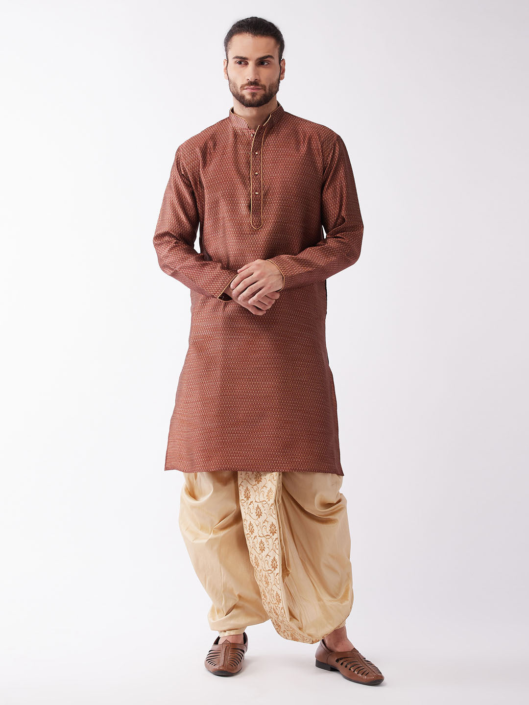Men's Maroon And Gold Silk Blend Kurta And Dhoti Set