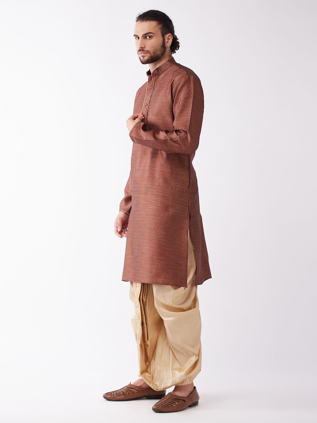 Men's Maroon And Gold Silk Blend Kurta And Dhoti Set