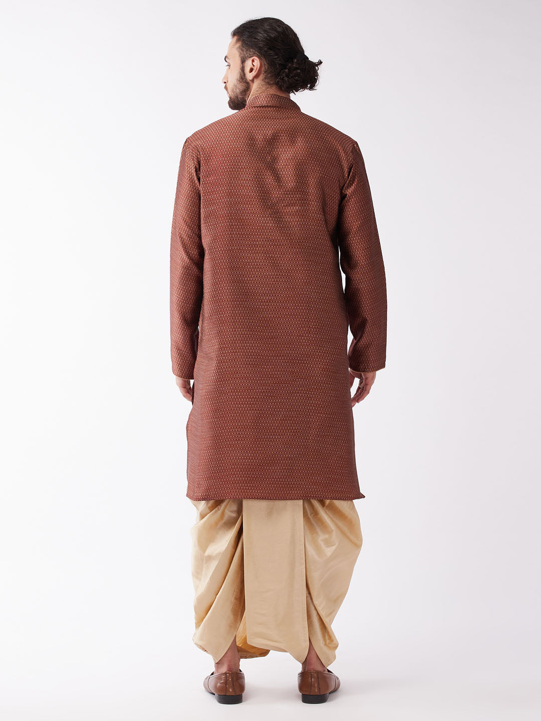 Men's Maroon And Gold Silk Blend Kurta And Dhoti Set