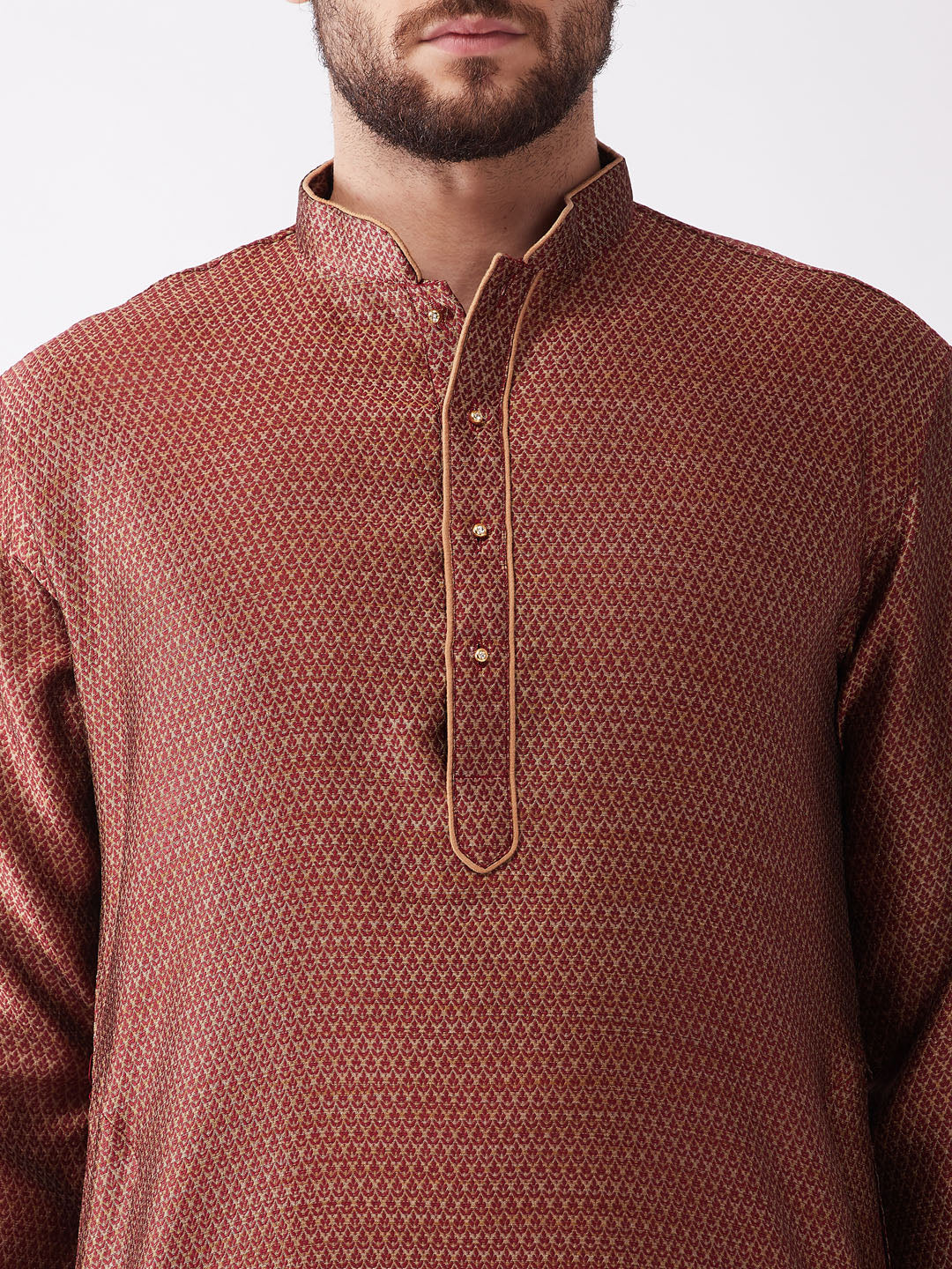 Men's Maroon And Gold Silk Blend Kurta And Dhoti Set