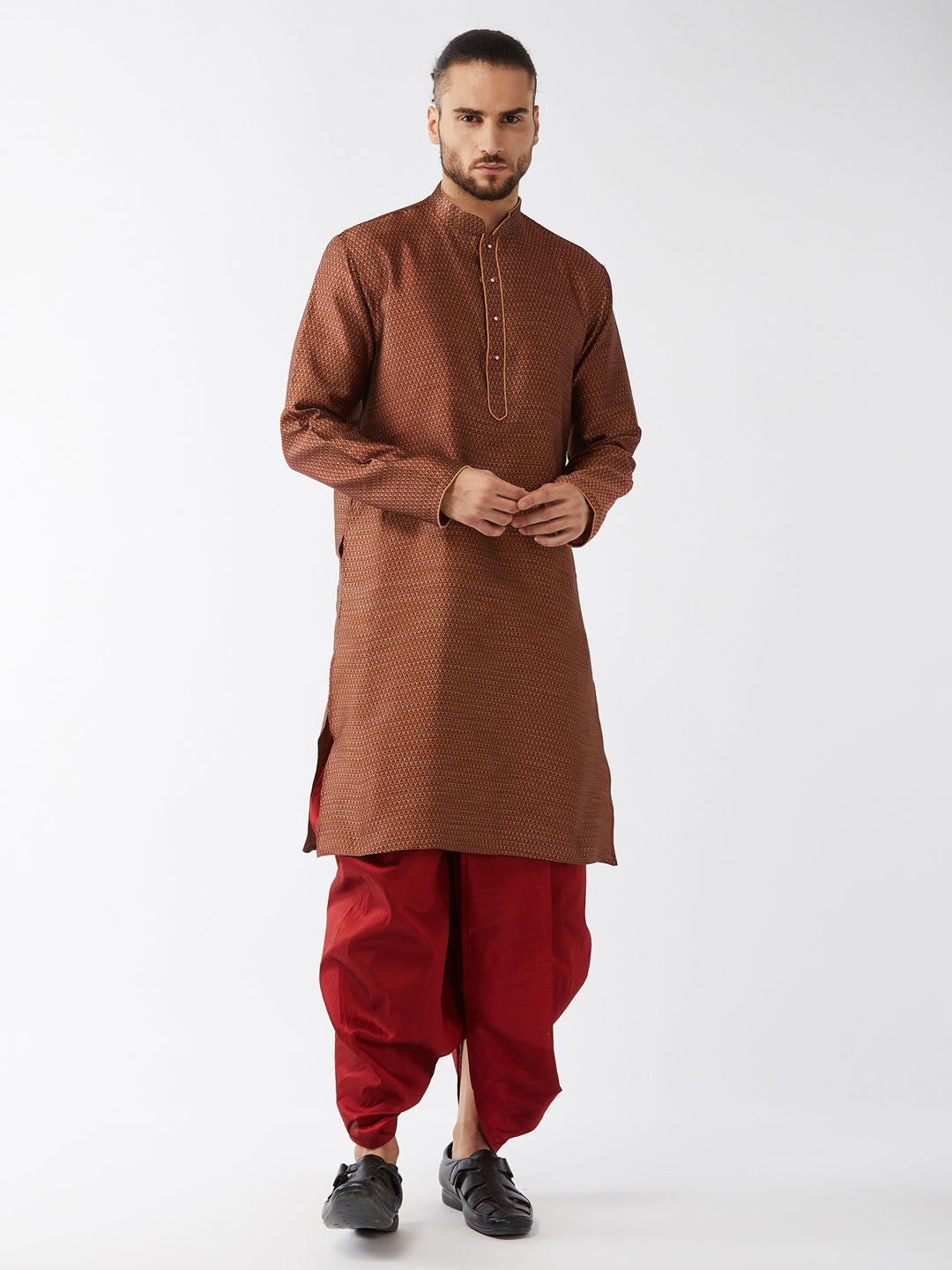 Men's Maroon Silk Blend Kurta And Dhoti Set