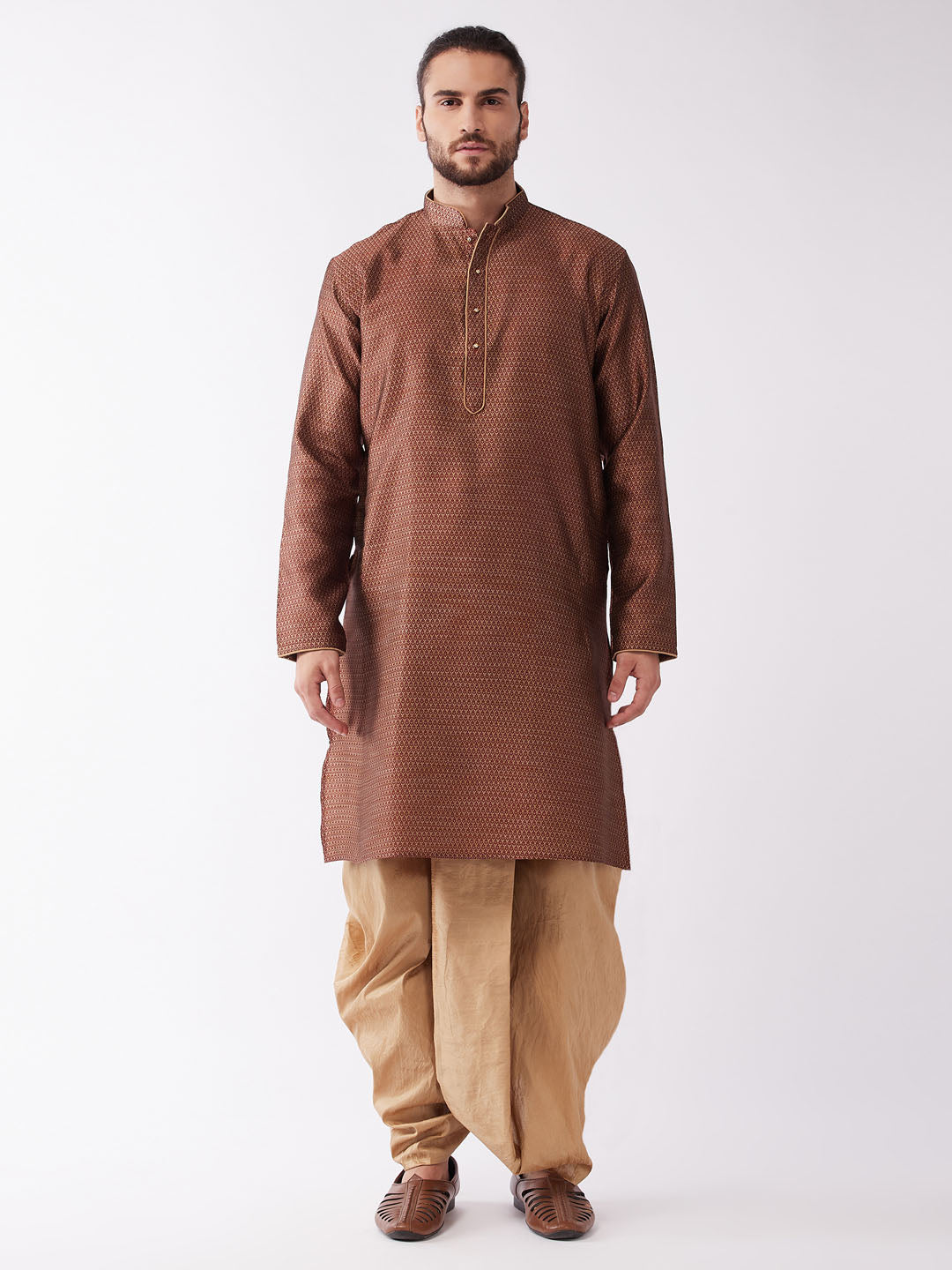 Men's Maroon And Rose Gold Silk Blend Kurta And Dhoti Set