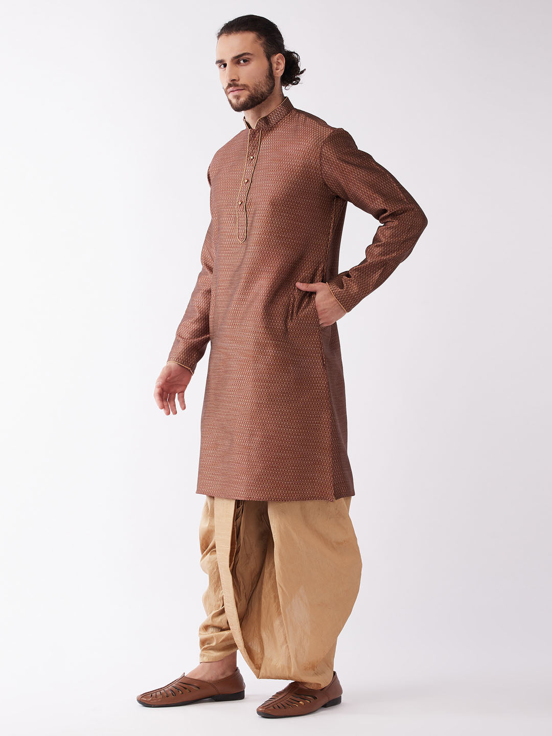 Men's Maroon And Rose Gold Silk Blend Kurta And Dhoti Set