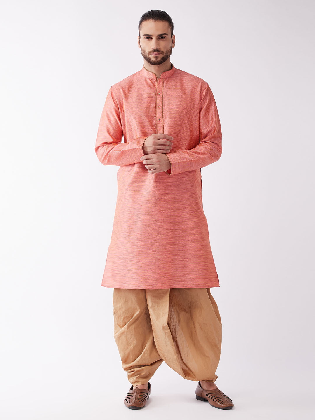 Men's Pink And Rose Gold Silk Blend Kurta And Dhoti Set