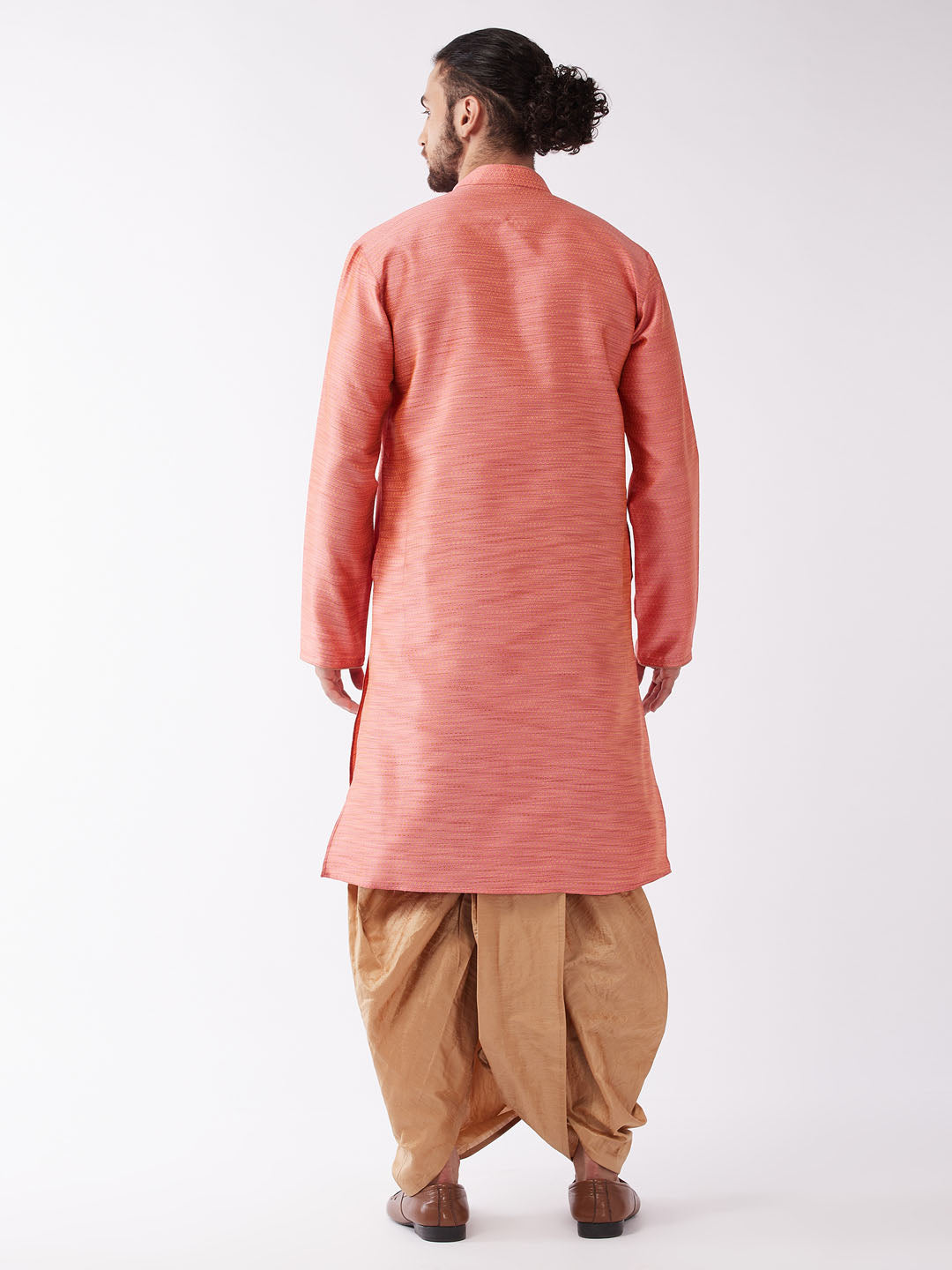 Men's Pink And Rose Gold Silk Blend Kurta And Dhoti Set