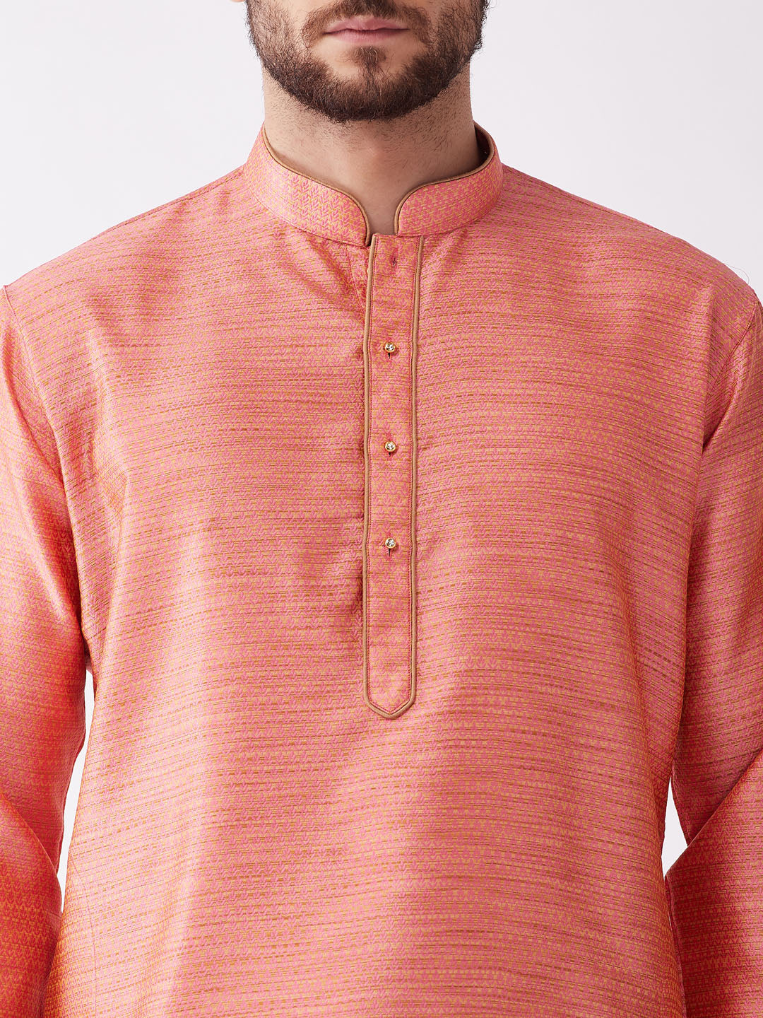 Men's Pink And Rose Gold Silk Blend Kurta And Dhoti Set