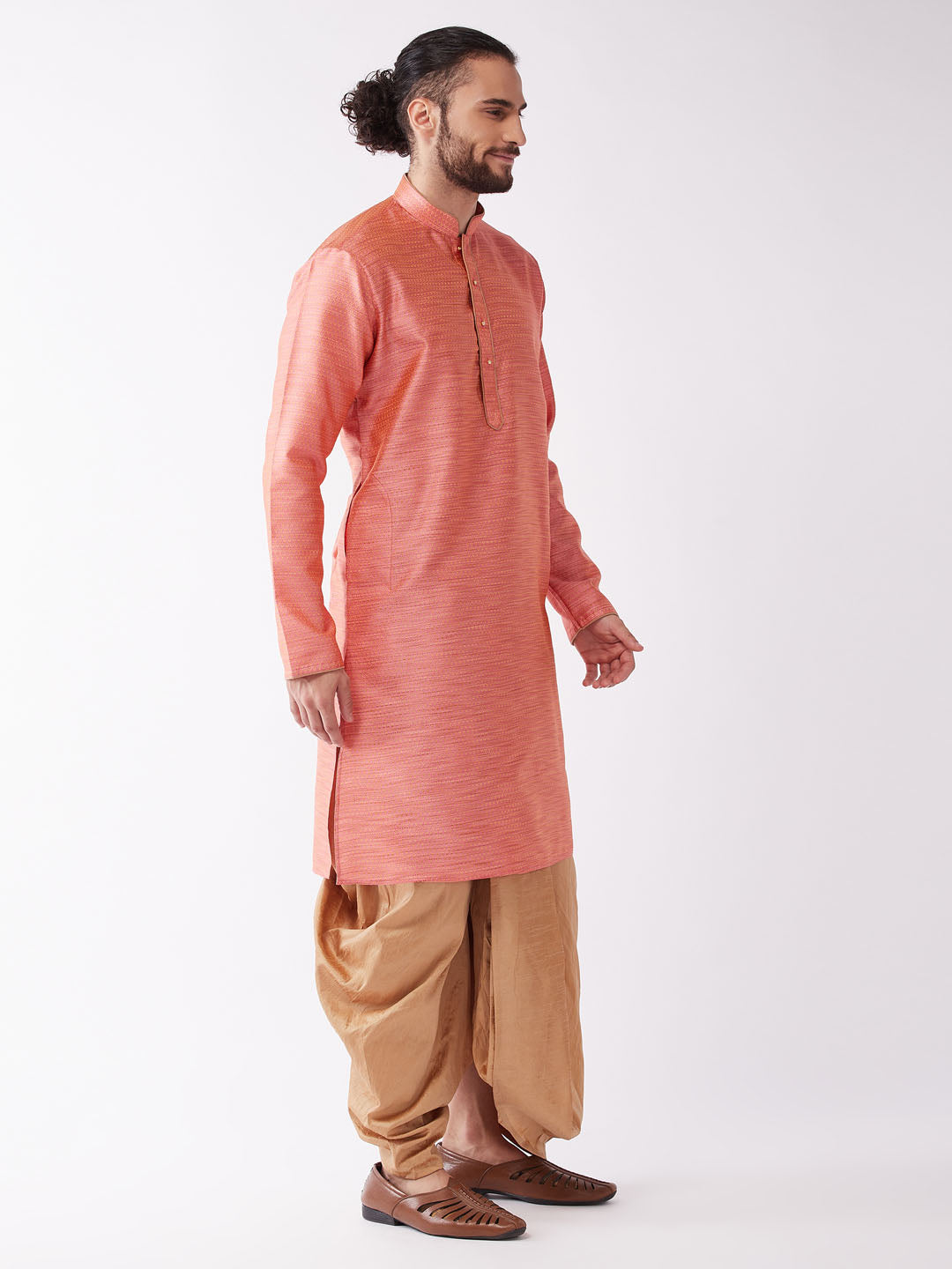 Men's Pink And Rose Gold Silk Blend Kurta And Dhoti Set