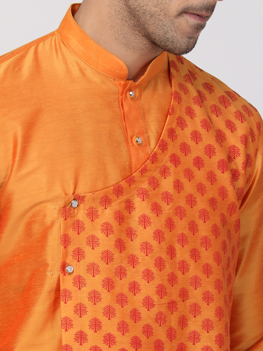 Men's Orange Cotton Silk Blend Kurta