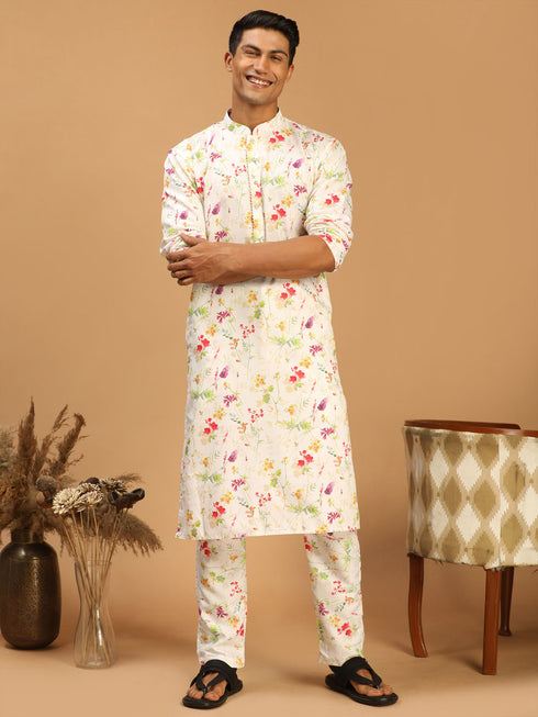 Men's Cream Printed Cotton Blend Kurta And Printed Matching Pant Set