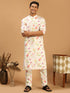 Men's Cream Printed Cotton Blend Kurta And Printed Matching Pant Set