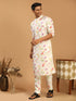 Men's Cream Printed Cotton Blend Kurta And Printed Matching Pant Set