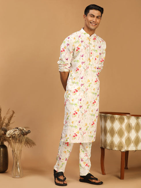 Men's Cream Printed Cotton Blend Kurta And Printed Matching Pant Set