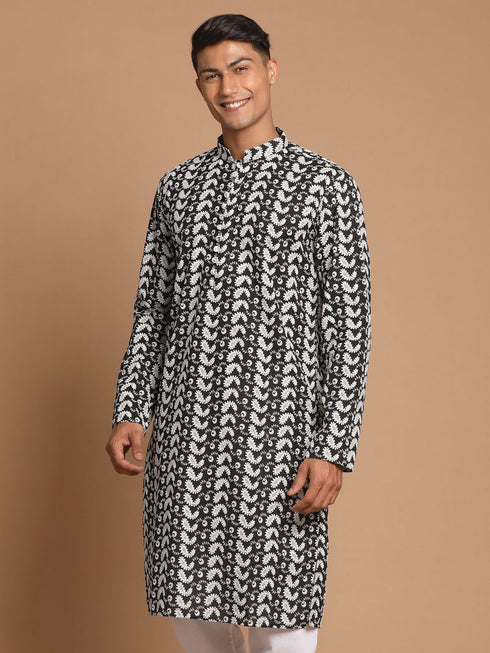 Men Black Pure Cotton Chikankari Kurta