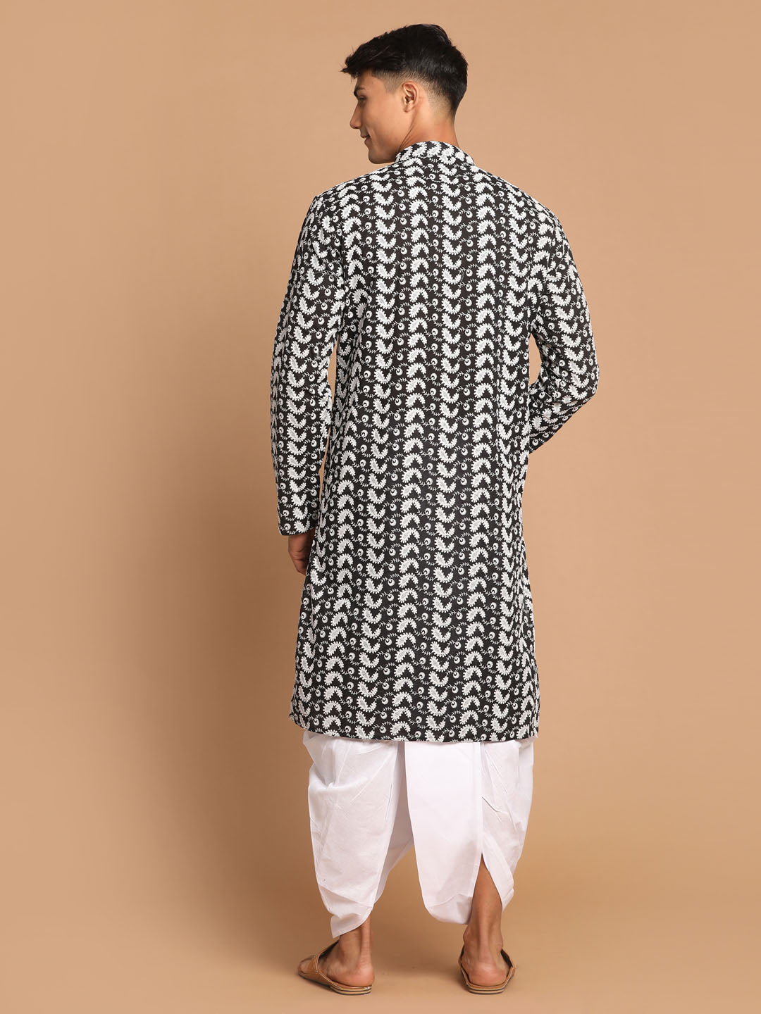 Men's Black Pure Cotton Chikankari Kurta With Dhoti Set
