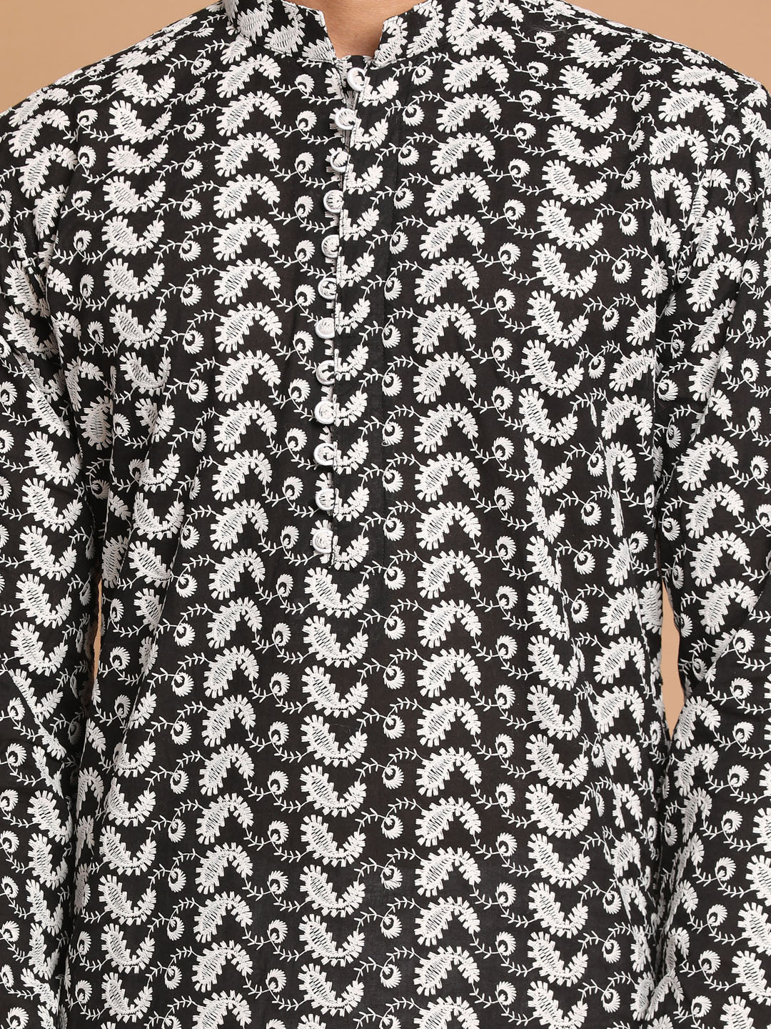 Men's Black Pure Cotton Chikankari Kurta With Dhoti Set