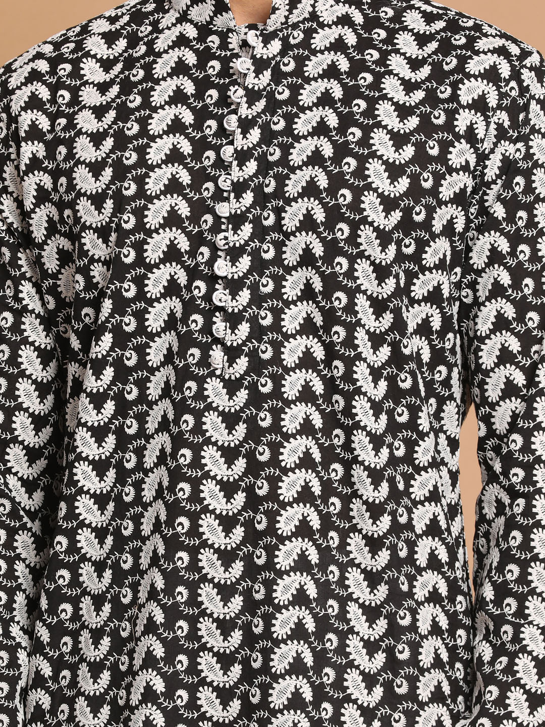Men's Black Pure Cotton Chikankari Kurta With Pant Set