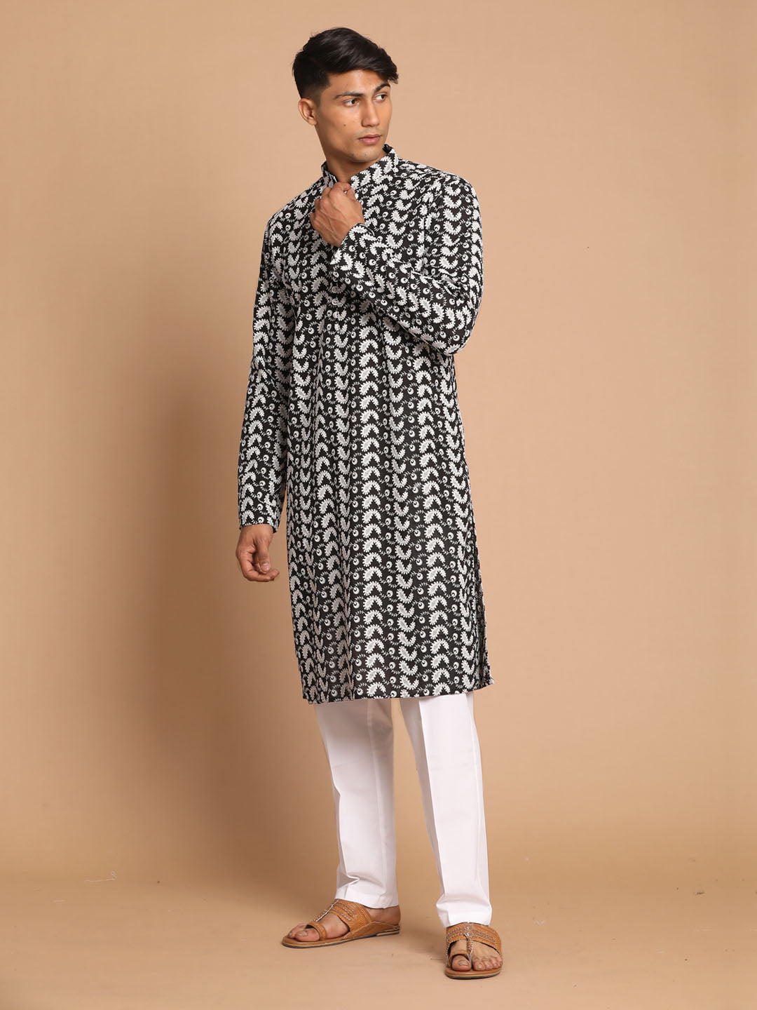 Men's Black Pure Cotton Chikankari Kurta With Pant Set