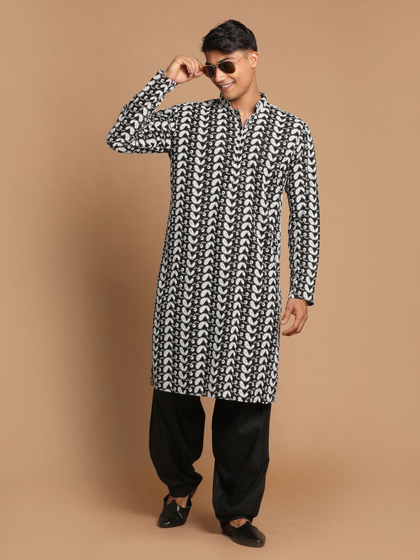 Men's Black Pure Cotton Chikankari Kurta With Patiala Set