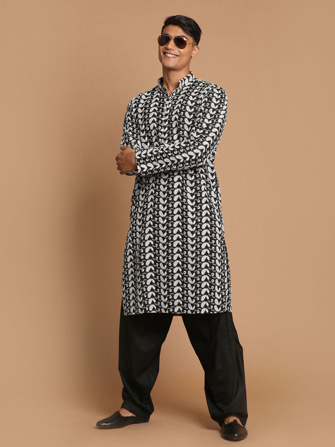 Men's Black Pure Cotton Chikankari Kurta With Patiala Set