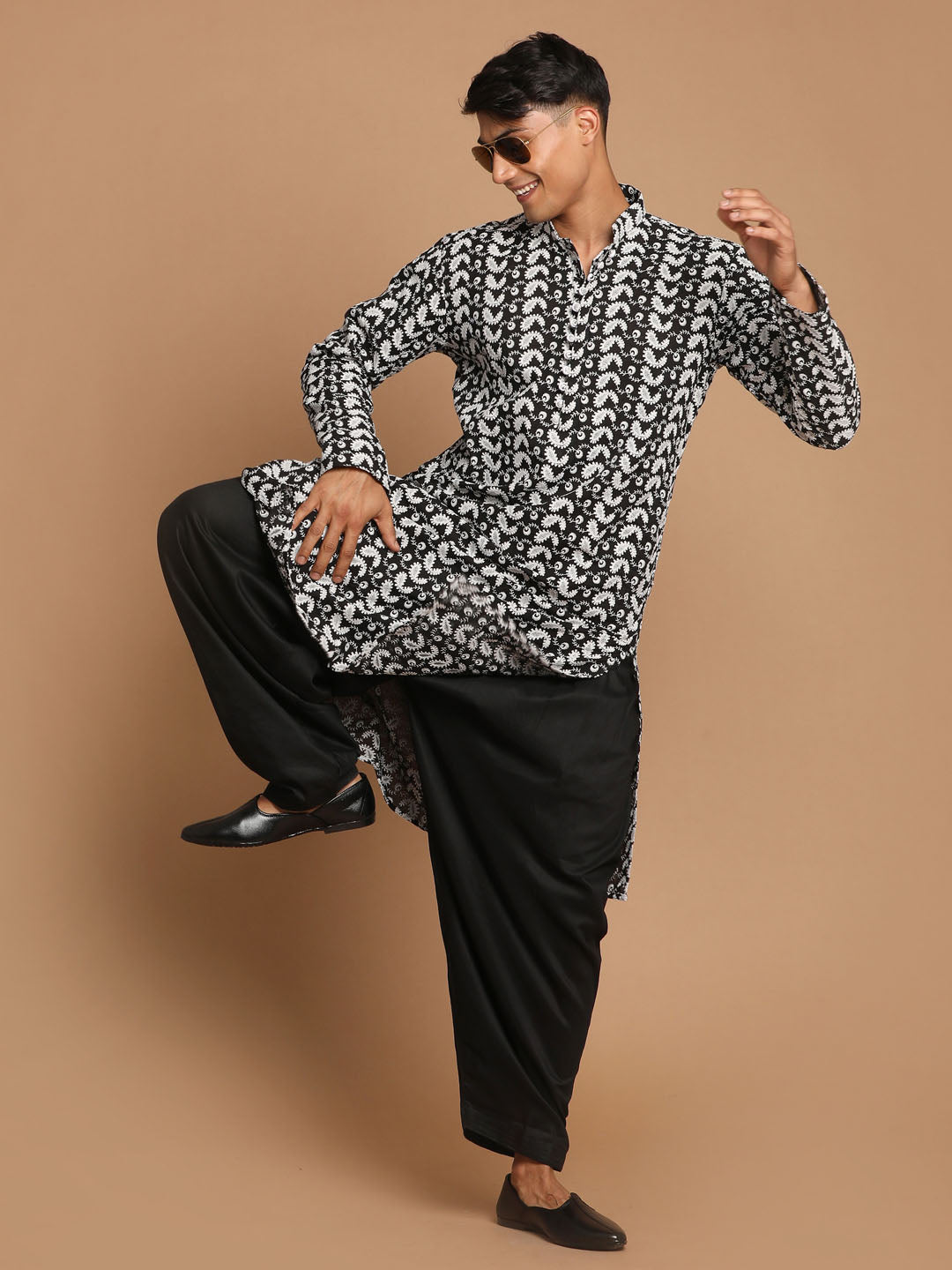 Men's Black Pure Cotton Chikankari Kurta With Patiala Set