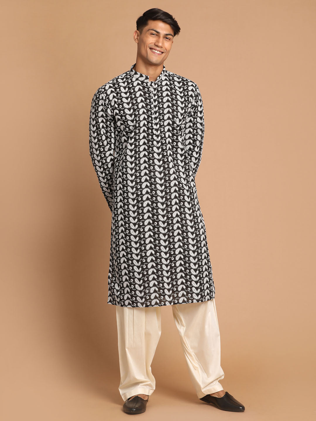 Men's Black Pure Cotton Chikankari Kurta With Patiala Set