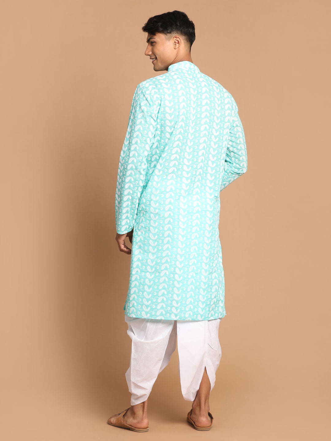 Men's Green Pure Cotton Chikankari Kurta With Dhoti Set