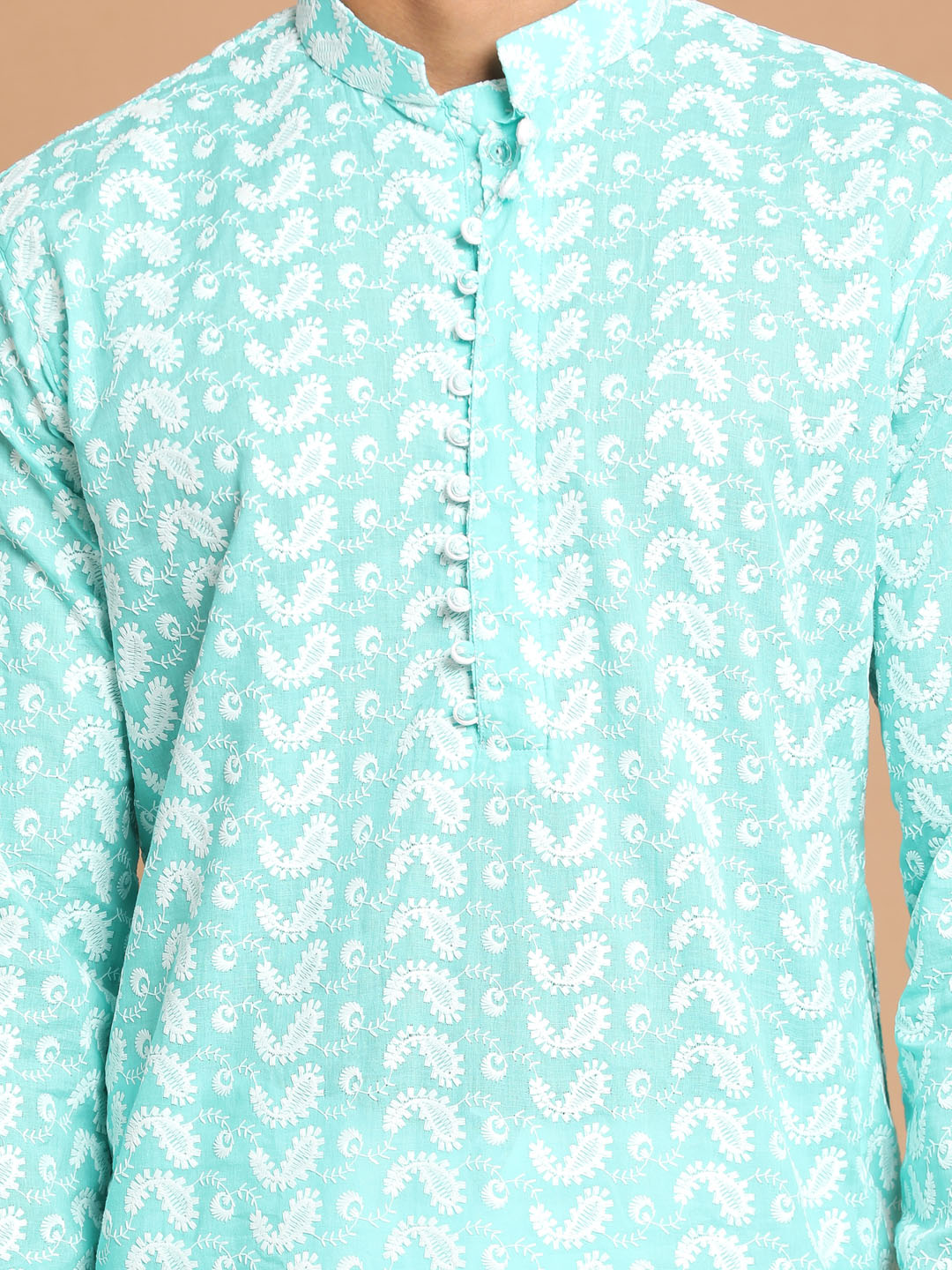 Men's Green Pure Cotton Chikankari Kurta With Dhoti Set