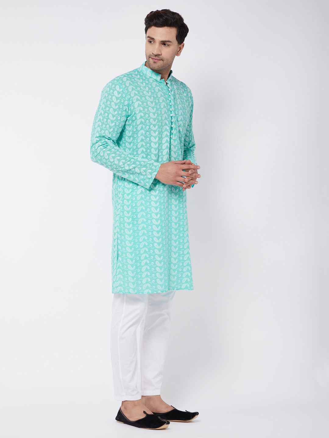 Men's Green Pure Cotton Chikankari Kurta With Pant Set