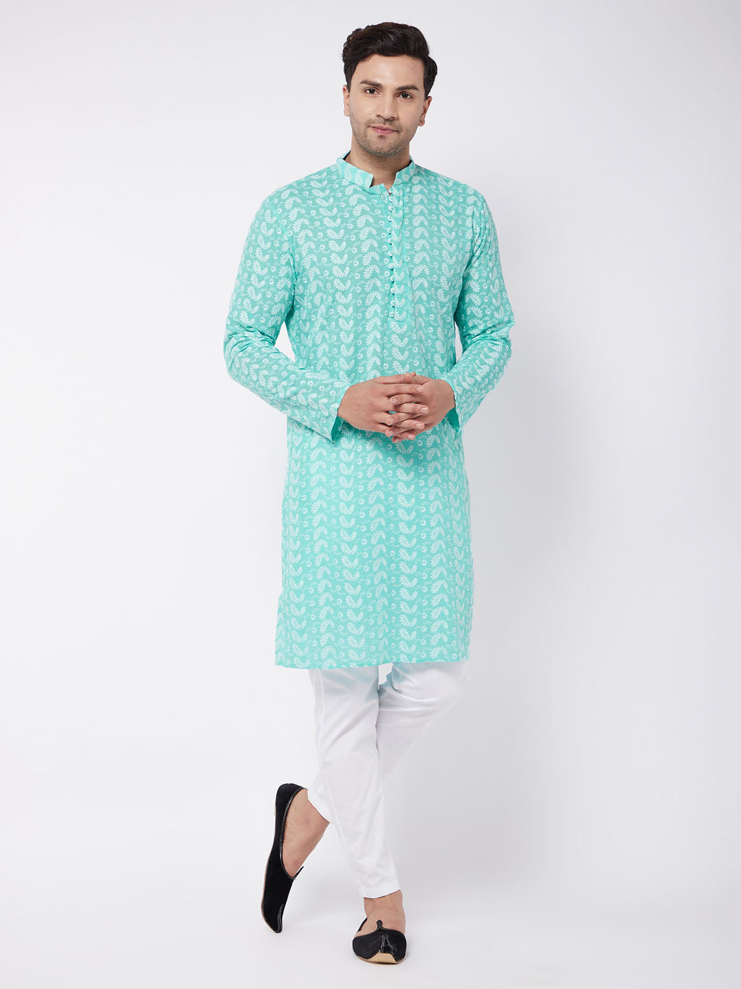 Men's Green Pure Cotton Chikankari Kurta With Pant Set