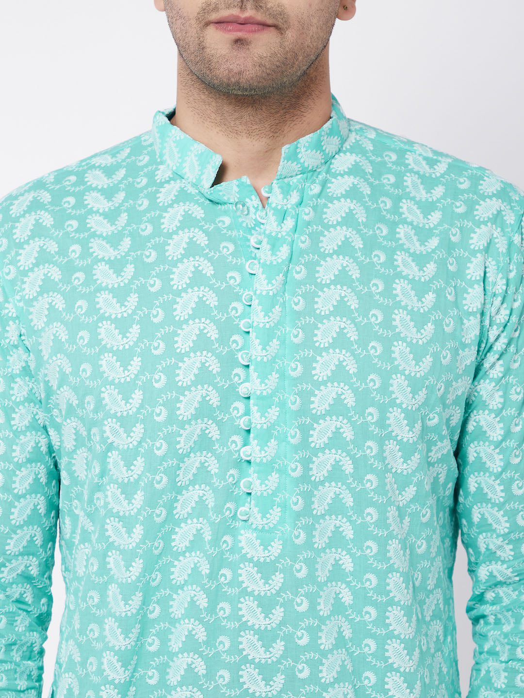 Men's Green Pure Cotton Chikankari Kurta With Pant Set
