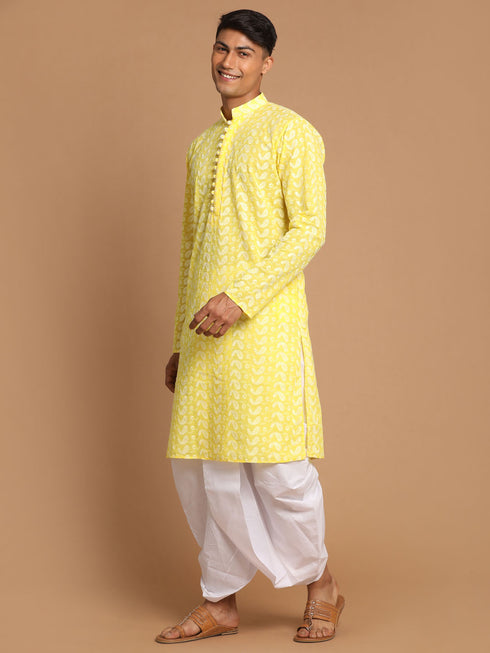 Men's Mustard Pure Cotton Chikankari Kurta With Dhoti Set