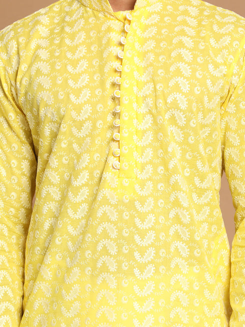 Men's Mustard Pure Cotton Chikankari Kurta With Dhoti Set